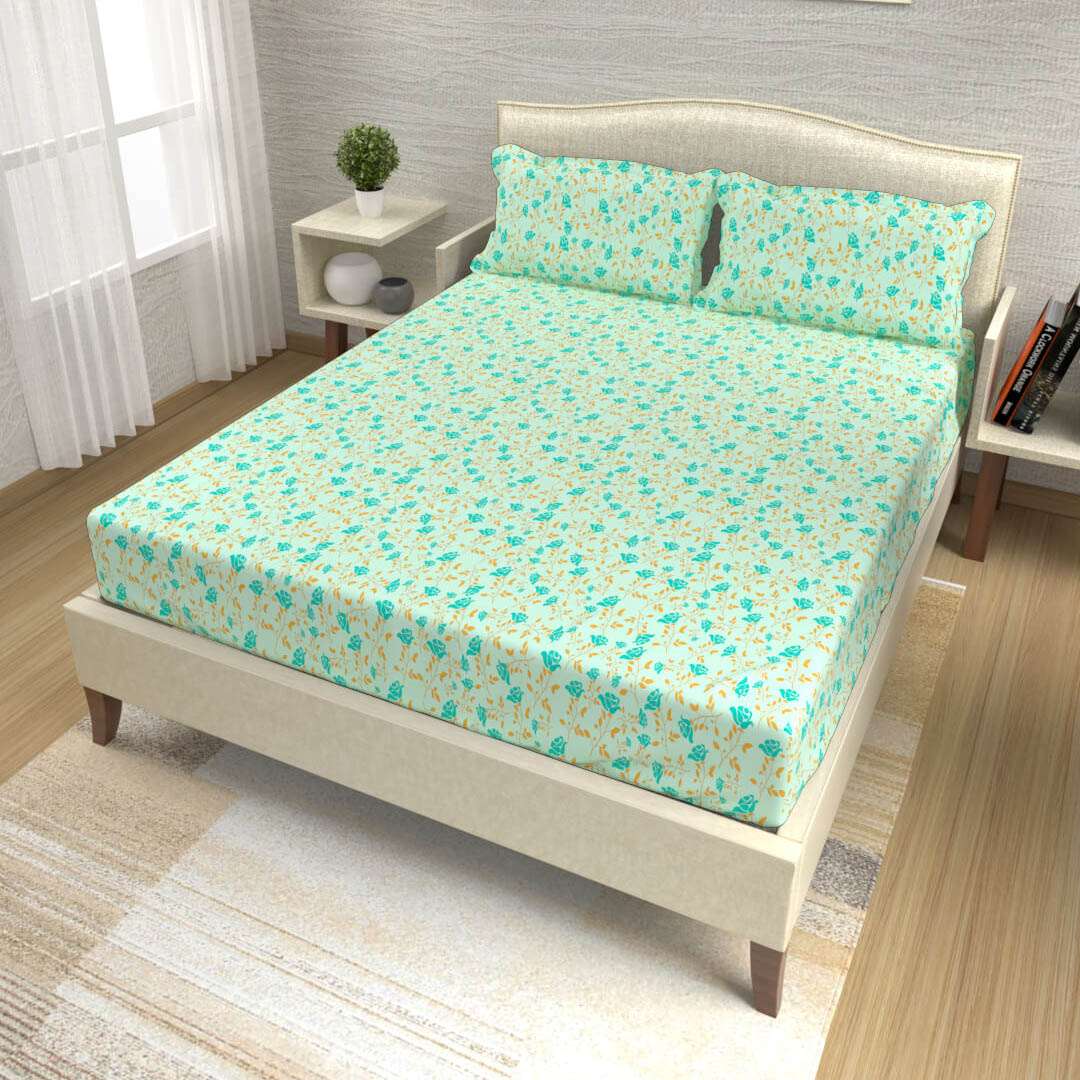 buy aqua green floral roses cotton double bed bedsheets online – side view