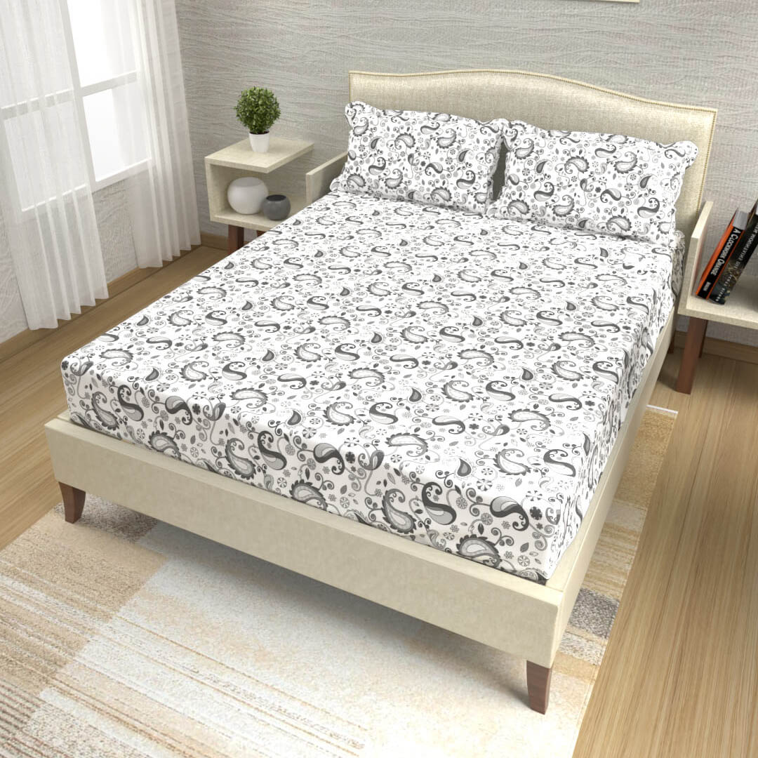 buy ash grey paisley cotton double bed bedsheets online – side view