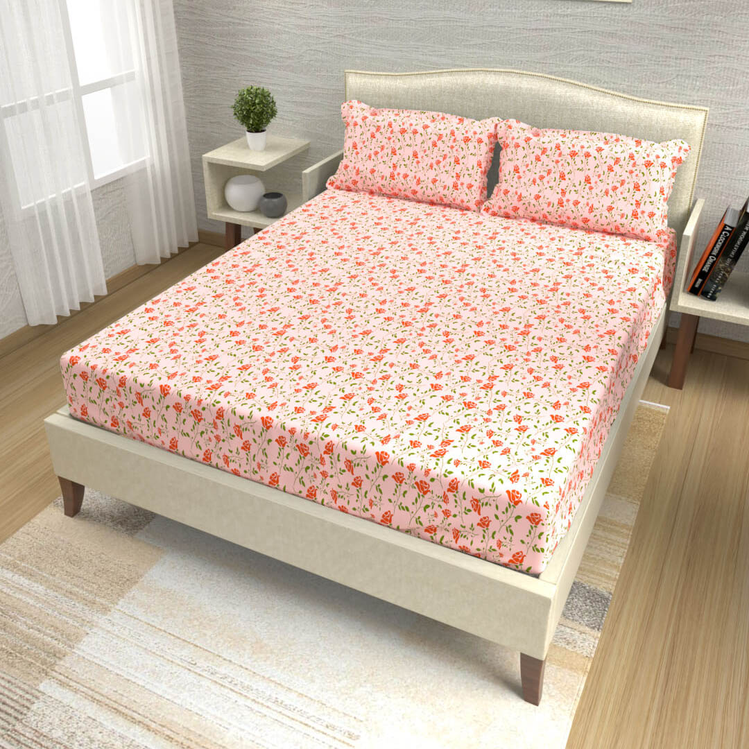 buy baby pink floral roses cotton double bed bedsheets online – side view