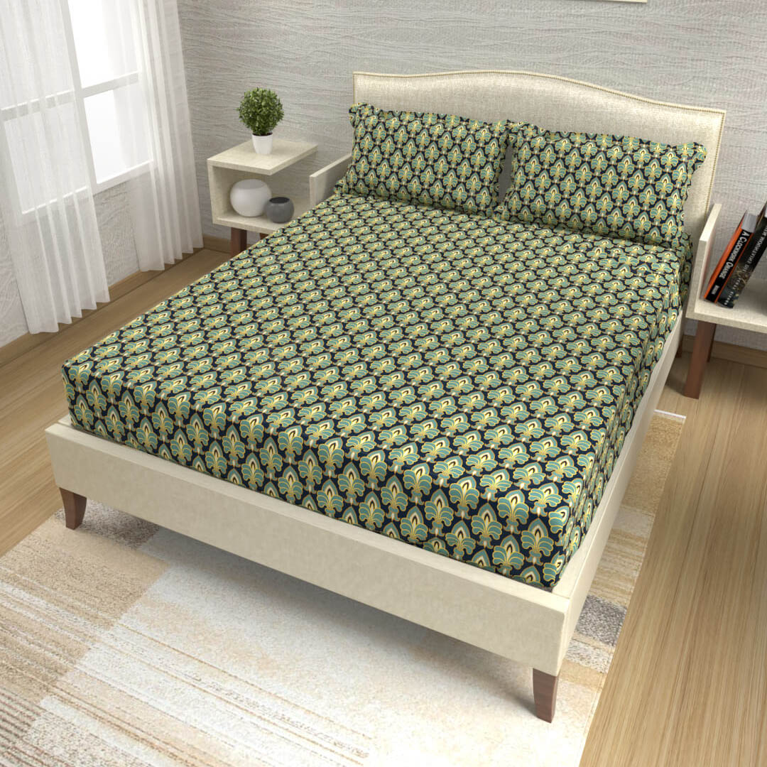 buy mint green and navy blue intricate all over cotton double bed bedsheets online – side view