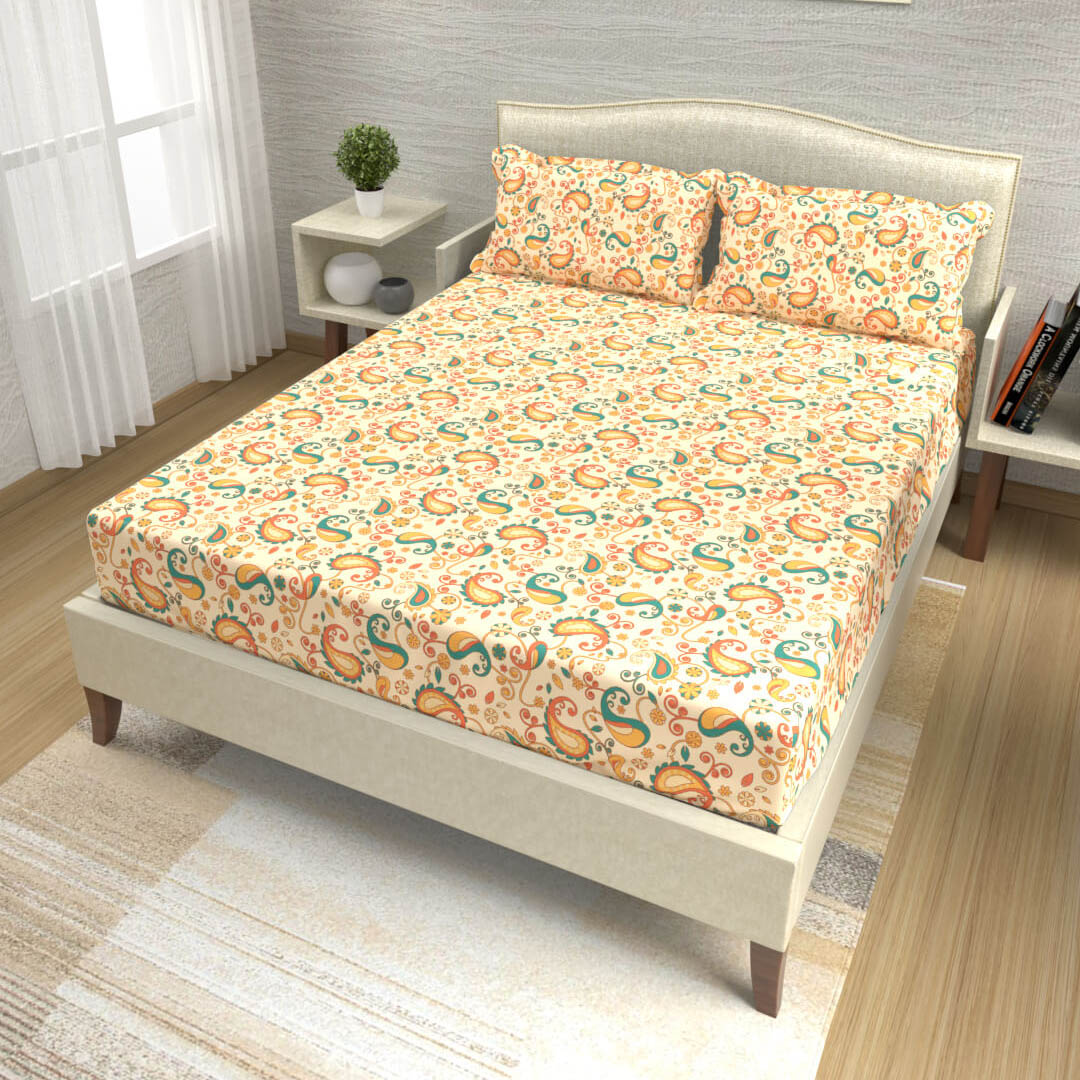 buy light yellow paisley mandala cotton double bed bedsheets online – side view