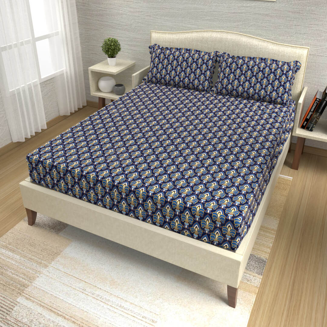 buy indigo and light blue intricate all over cotton double bed bedsheets online – side view