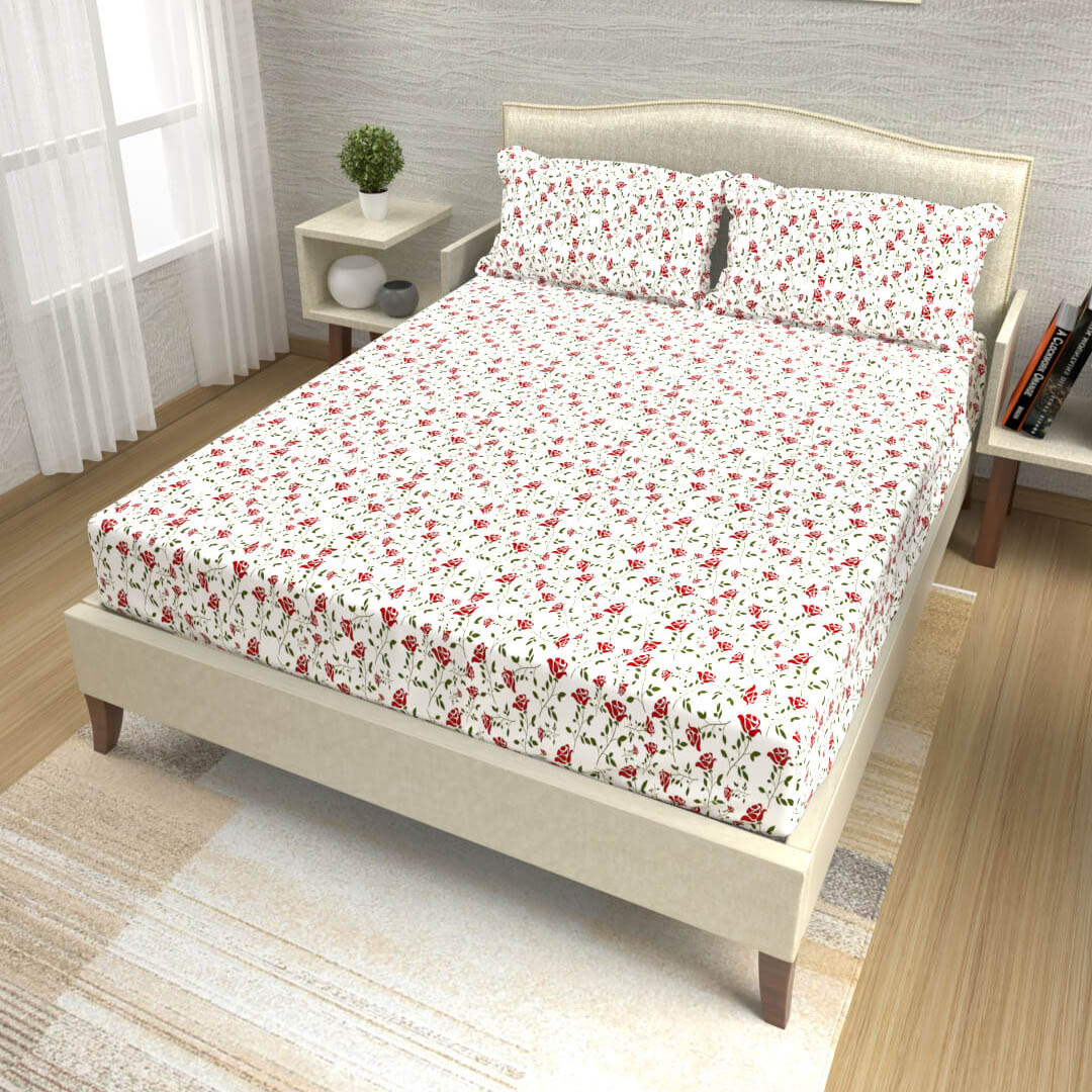 buy red and white floral roses cotton double bed bedsheets online – side view