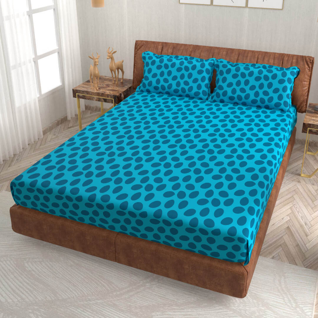 buy turquoise and dark blue polka dot super king size cotton bedsheets online – side view