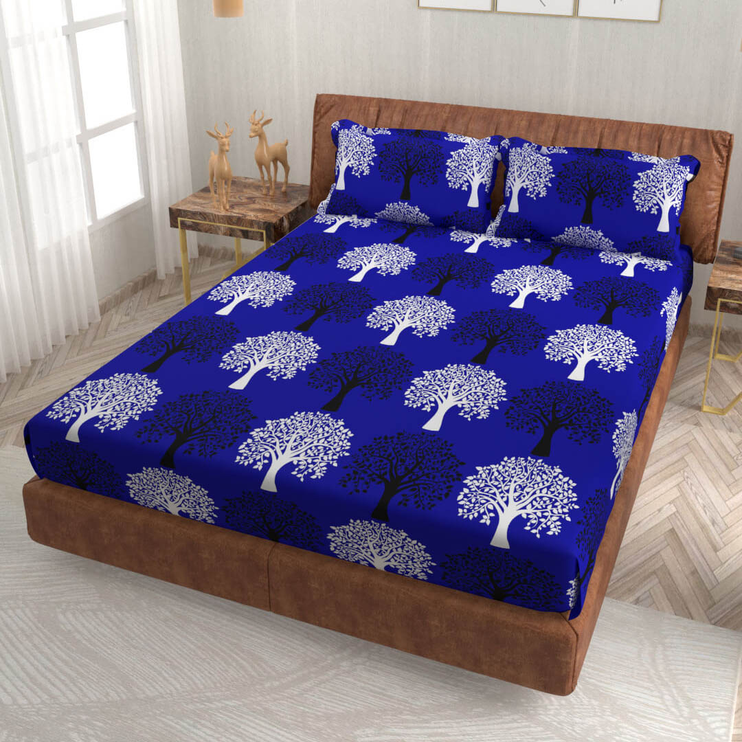 buy ink blue nature tree super king size cotton bedsheets online – side view